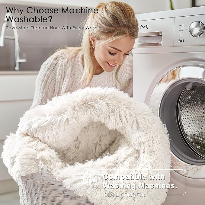 OLANLY Ivory Round Rugs for Bedroom - Machine Washable, 2 ft Circle Area Rugs for Living Room, Soft and Fluffy Shaggy Carpet for Teen Girls and Boys, Nursery Rooms, Dorms, Home Decor Aesthetic
