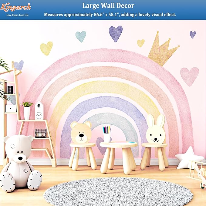 Large Watercolor Rainbow Wall Decals, Boho Queen Peel and Stick Fabric Nursery Wall Decor, Removable Home Room Wall Decor Murals Stickers for Kids Girls Toddler Bedroom Living Room Playroom