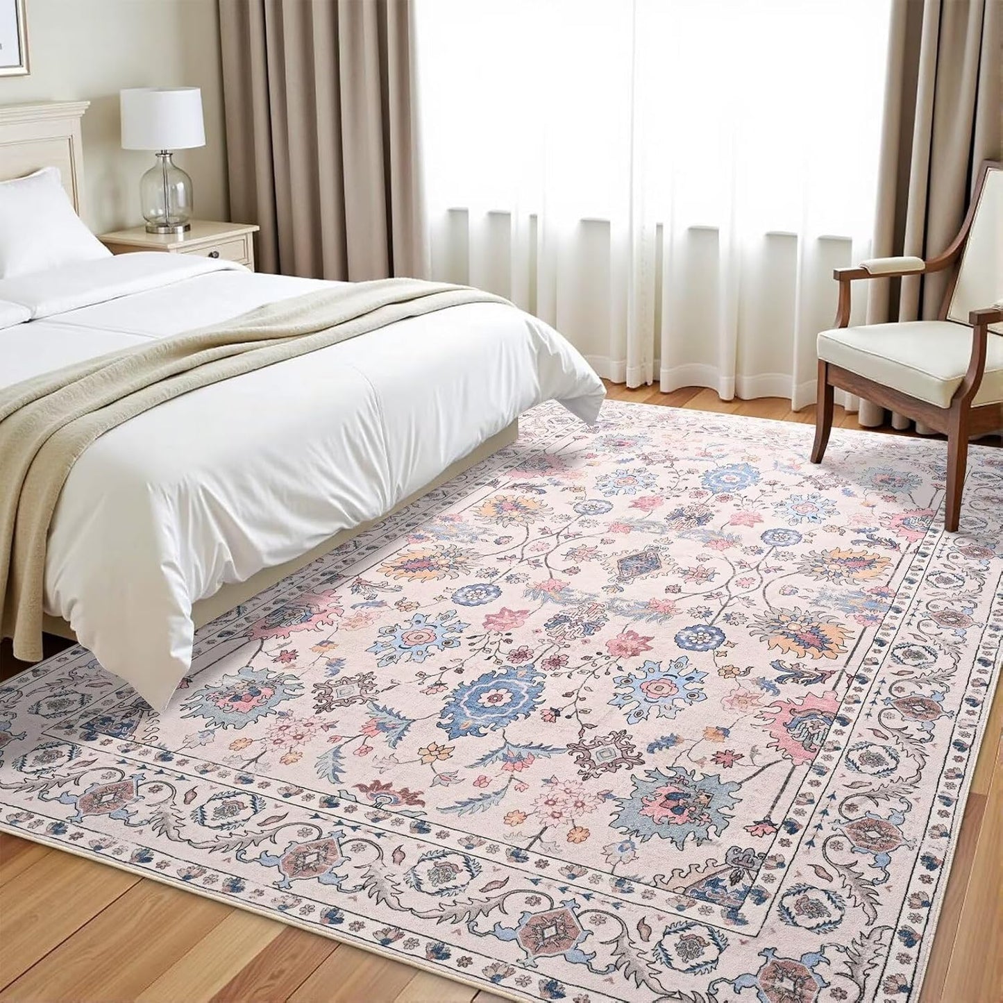 Vasofe 4x6 Rug for Bedroom, Washable Living Room Rugs for Dining Room, Cream Indoor Floor Mat, Vintage Floral Mats for Home Decor, Farmhouse, Laundry Room, Non Slip Low Pile Soft Modern Carpet