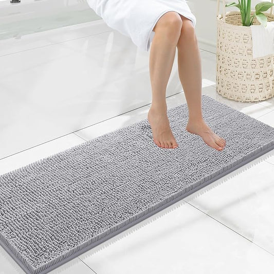 Smiry Luxury Chenille Bathroom Rugs 47x17, Extra Soft and Absorbent Shaggy Bath Mat, Machine Washable, Non-Slip Plush Carpet Runner for Tub, Shower, and Floor, Home Decor Accessories, Light Grey