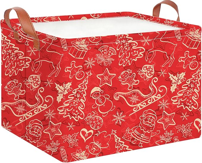 CLOCOR Rectangular Storage Basket Empty,Gift Basket,Waterproof Storage Bin with Handles,Room Decor(Red Christmas)
