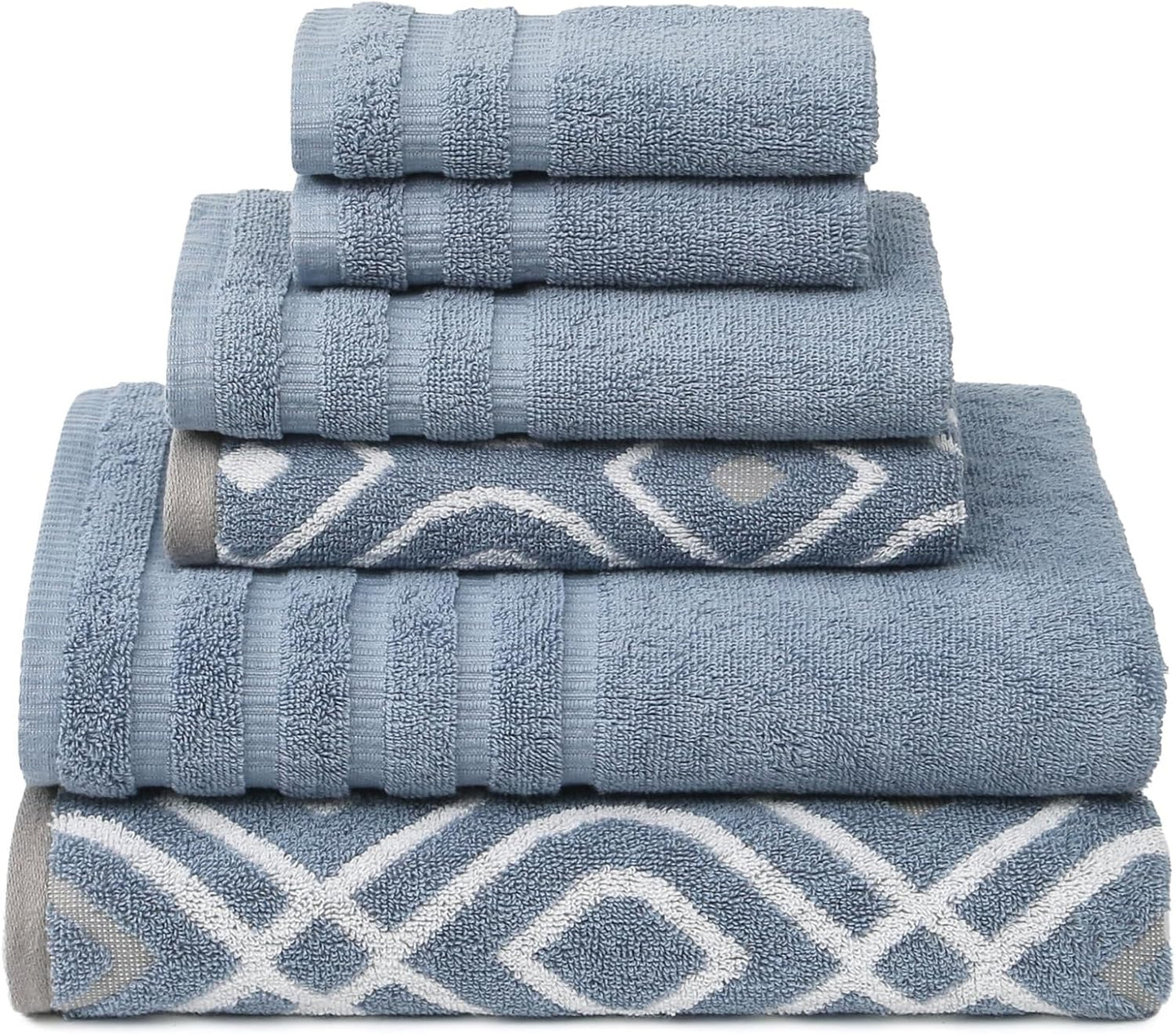 Modern Threads Oxford 6-Piece 100% Cotton Towel Set – Yarn Dyed Jacquard & Solid – Includes 2 Bath Towels, 2 Hand Towels, 2 Washcloths – Absorbent, Quick Dry, Soft & Durable – Blue