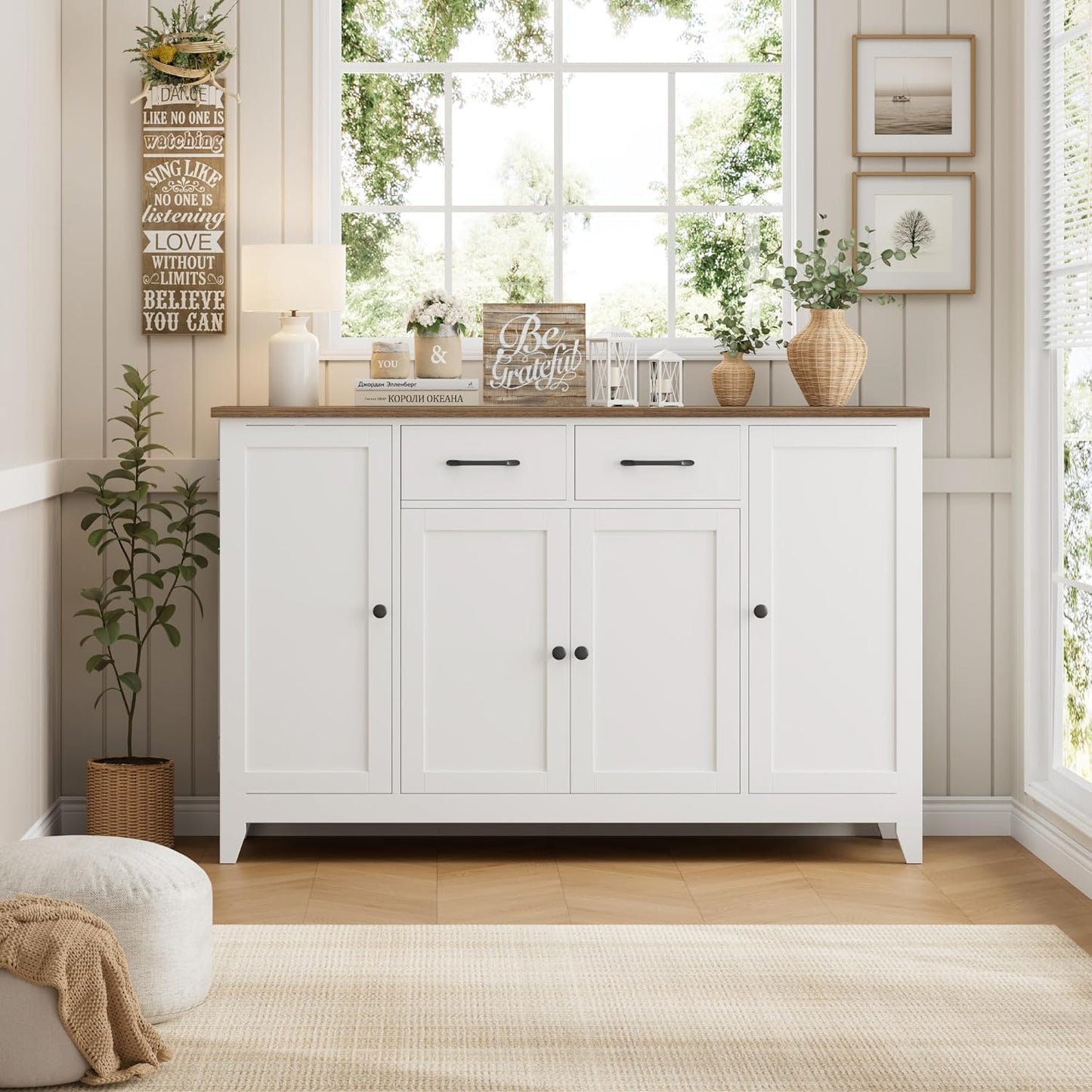 HORSTORS 55" Buffet Cabinet with Storage, Kitchen Buffet Sideboard with Drawers, Large Storage Cabinet with Doors and Shelves, Modern Farmhouse Coffee Bar for Kitchen, Dining Room, Living Room, White