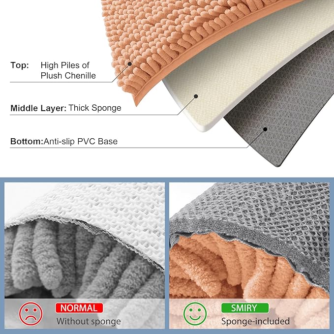 Smiry Luxury Chenille Bathroom Rugs 30x20, Extra Soft and Absorbent Shaggy Bath Mat, Machine Washable, Non-Slip Plush Carpet Runner for Tub, Shower, and Floor, Home Decor Accessories, Peach
