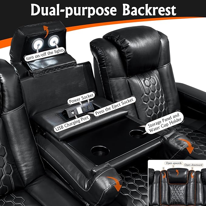 Home Theater Seating, Living Room, Powered Headrest, Powered Lumbar, Italian Leather, Powered Recline, Single Recliner (Black, Row of 3 Console)