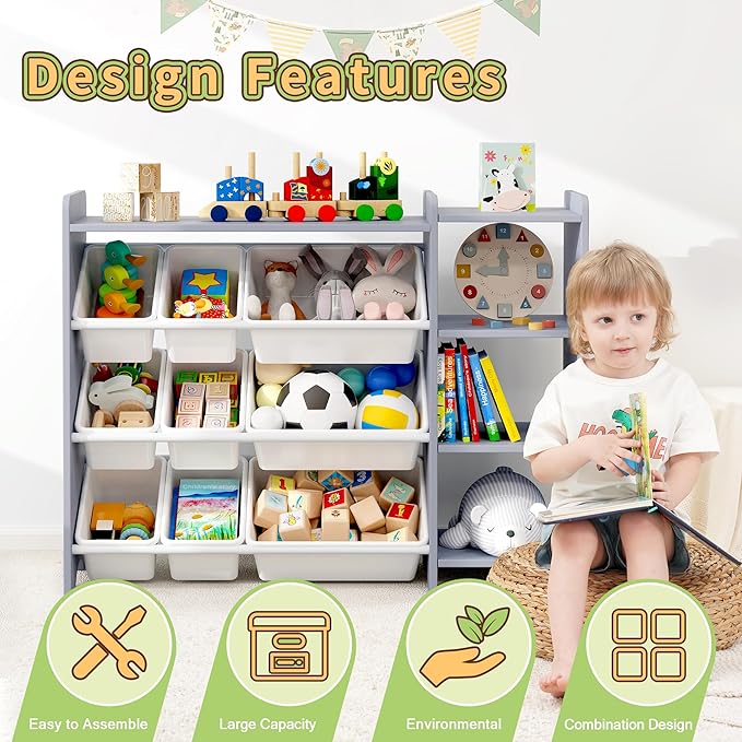 MallBest 4-Tier Kids' Toy Storage Organizer Shelf - 100% Solid Wood,Children's Storage Cabinet with 9 Plastic Bins and 3 Storage Ports(Grey-Single Color)