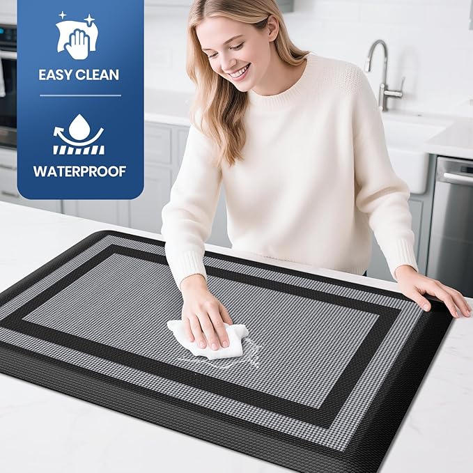 KitchenClouds [2 PCS Kitchen Rugs Cushioned Anti-Fatigue Kitchen Mats for Floor Waterproof Kitchen Rug Set Non-Slip Comfort Standing Mat for Office, Sink, Laundry 17.3"×28"+17.3"×60",Black