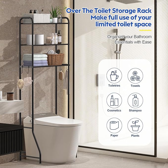 samstar 3 Tier Over The Toilet Storage Rack, Bathroom Organizer Shelves Cabinet Above Toilet, Freestanding Shelf Space Saver, Black