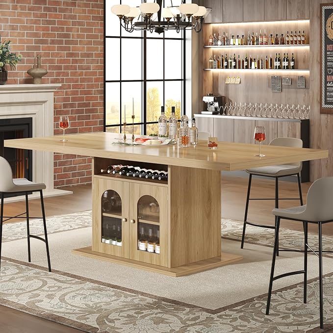 HSH Dining Table for 4–6, 63 Inch Wood Farmhouse Kitchen Table with 3-Tier Storage Shelf and Acrylic Door Cabinet, Rectangular Modern Dining Room Dinner Table for Apartment Home Small Space, Light Oak