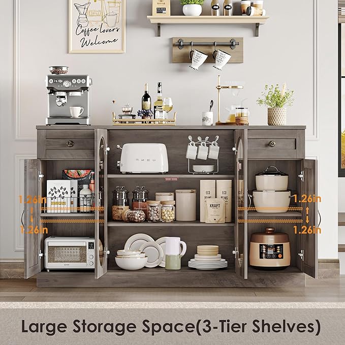 Keyluv Buffet Cabinet 55" Large Storage Coffee Bar with Drawer and Shelves, 3 Spacious Shelves Behind Glass Doors Sideboard Cabinet, Farmhouse Furniture for Kitchen/Dining/Living Room, Washed Brown