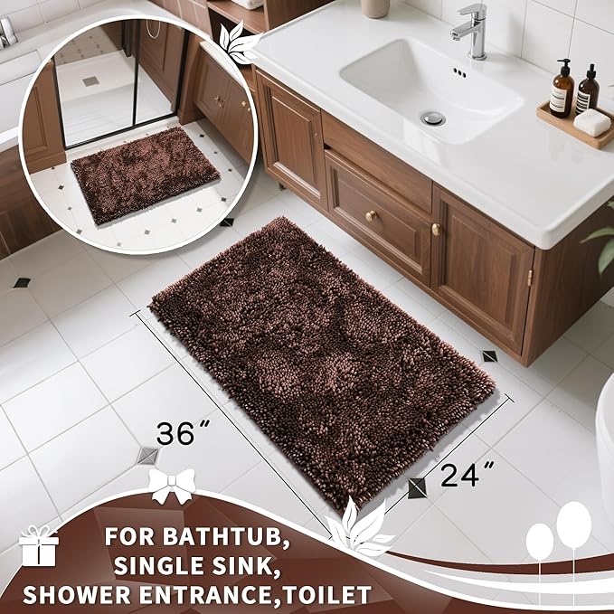Yimobra Large Bathroom Rug Non Slip 36x24 Inch, Extra Thick Soft Absorbent Chenille Bath Mat, Machine Washable Quick Dry Bath Rugs for Bathroom Floor, Tub and Shower, Home Decor Accessories, Brown