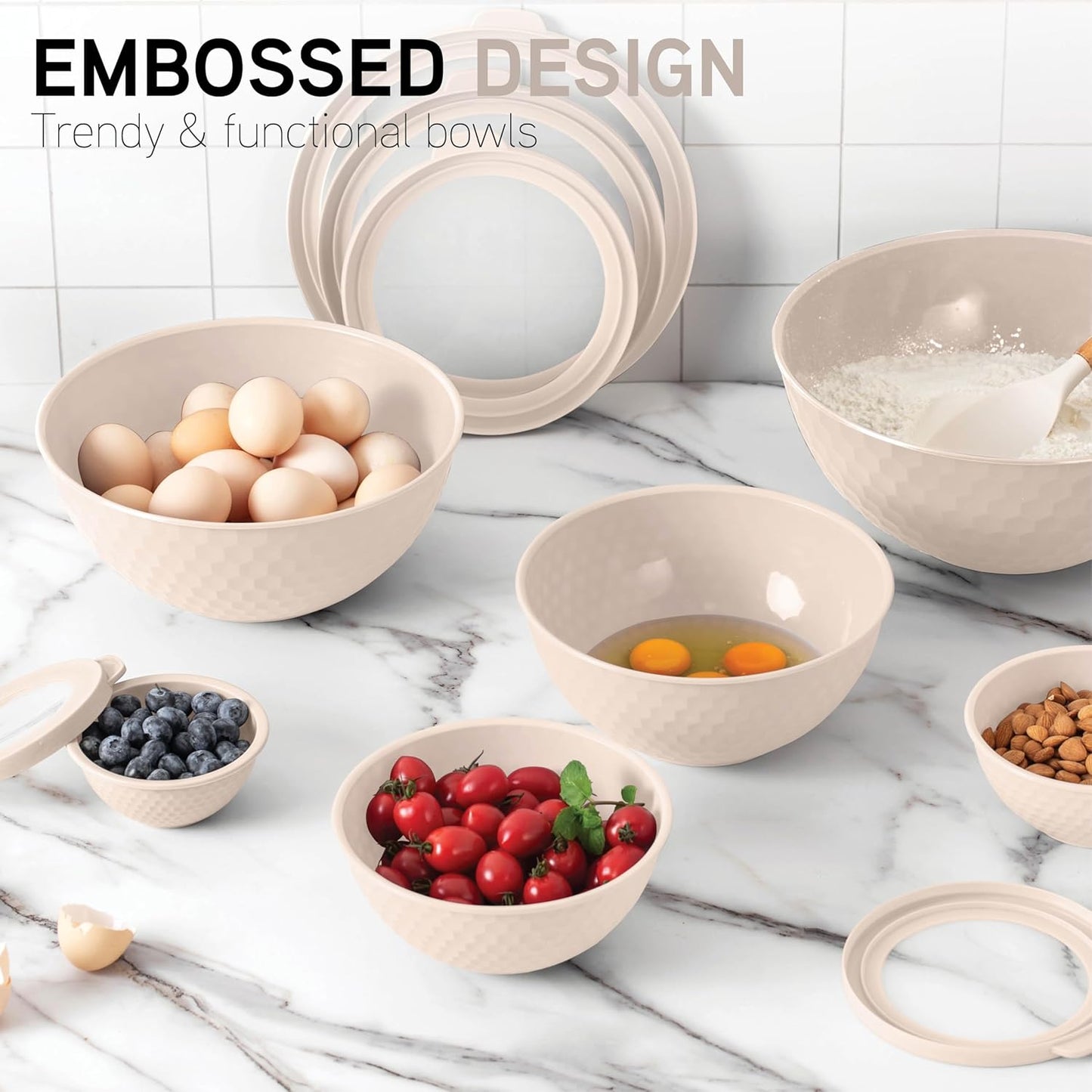 COOK WITH COLOR Mixing Bowls with Lids - 12 Piece Plastic Nesting Bowls Set includes 6 Prep Bowls and 6 Lids, Non Slip Bottom and Embossed Design - Microwave Safe (Cream)