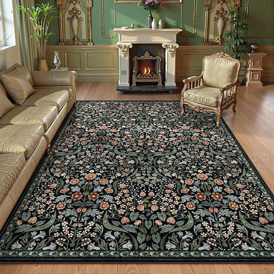 Lahome Floral 8x10 Black Rugs for Living Room, Soft Washable Large Area Rug for Bedroom Dining Room, Botanical Lightweight Stain-Resistant Boho Carpet for Guestroom Indoor