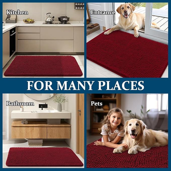 OLANLY Dog Door Mat for Muddy Paws 36x24, Absorbs Moisture and Dirt, Absorbent Non-Slip Washable Doormat, Quick Dry Chenille Mud Mat for Dogs, Entry Indoor Entryway Carpet for Inside Floor, Red