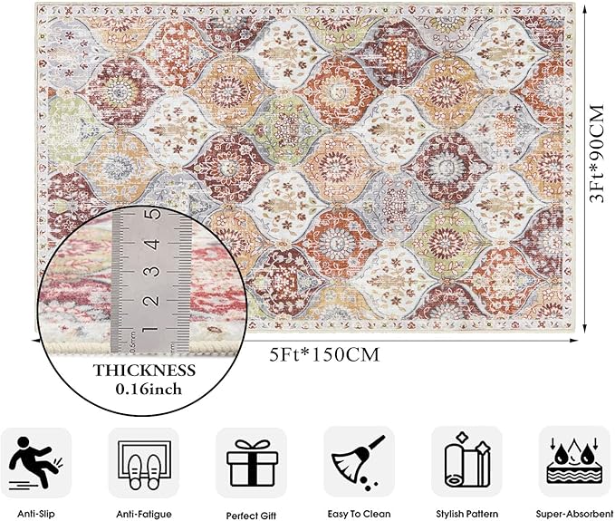 Lahome Moroccan Trellis Washable Small Area Rug, 3x5 Black Rug for Bedroom Living Room, Non-Slip Oriental Accent Throw Carpet for Kitchen Office Entryway Bathroom Office, Orange/Terracotta