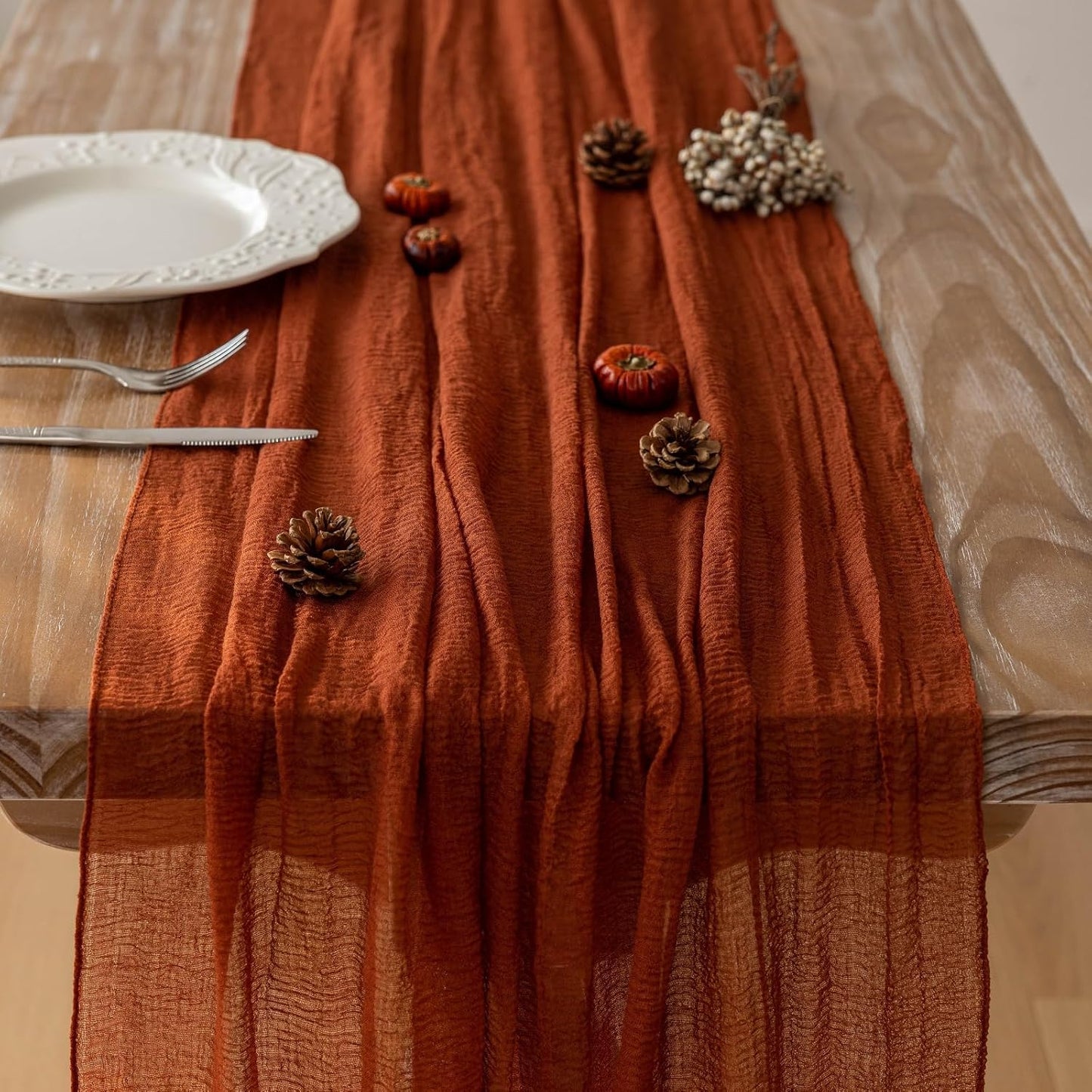 Keketo Fall Table Runner Terracotta Rust Gauze 120 Inch 10 FT Rustic Burnt Orange Cheese Cloth for Wedding Baby Bridal Shower Party Centerpiece Sheer Thanksgiving Decor Fall Decorations for Home