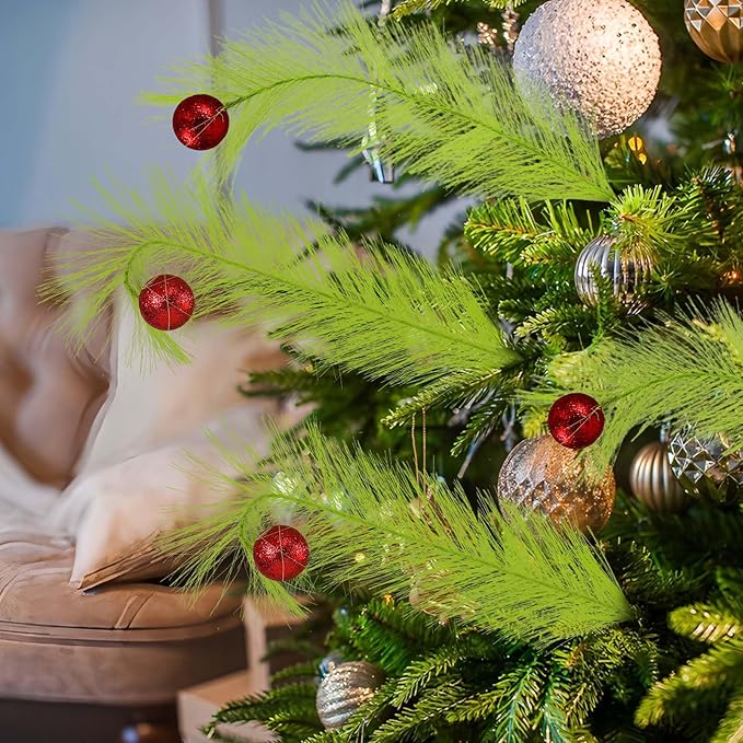 Hananona 30pcs 15" Christmas Picks and Sprays Christmas Tree Filler Green Curly Greenery Stems with Red Ball Xmas Artificial Stems for CraftsTree Decor, Vase Fillers, Home Decorations (30, Green)