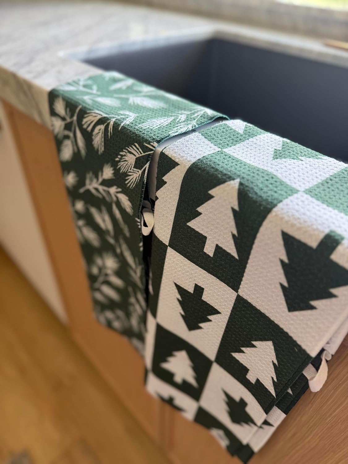 2 Pack || Double Sided|| Not Your Ordinary Kitchen Towels || Dish Towels || Quick Dry || Waffle Weave Microfiber || Designer Prints || Highly Absorbent || Hanging Hook (Forest Christmas)