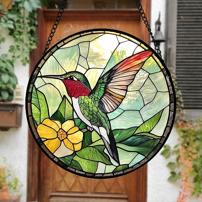 Stained Glass Window Hanging, Green Hummingbird Sun Catcher for Door Home Decor, Birds Suncatcher Christmas Mother's Day Birthday Gifts for Bird Lovers Women Men Mom and Nana 7.8 in