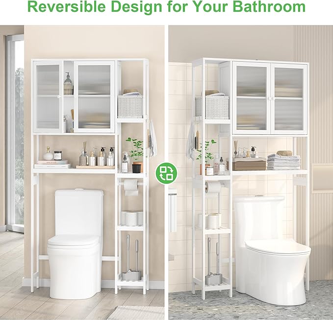 Over The Toilet Storage Cabinet Above Toilet Bathroom Organizer with Toilet Paper Holder Stand Bath Organizer with Adjustable Shelves & Acrylic Doors,Anti-Tip Device (White, 3 Tiers with Cabinet)