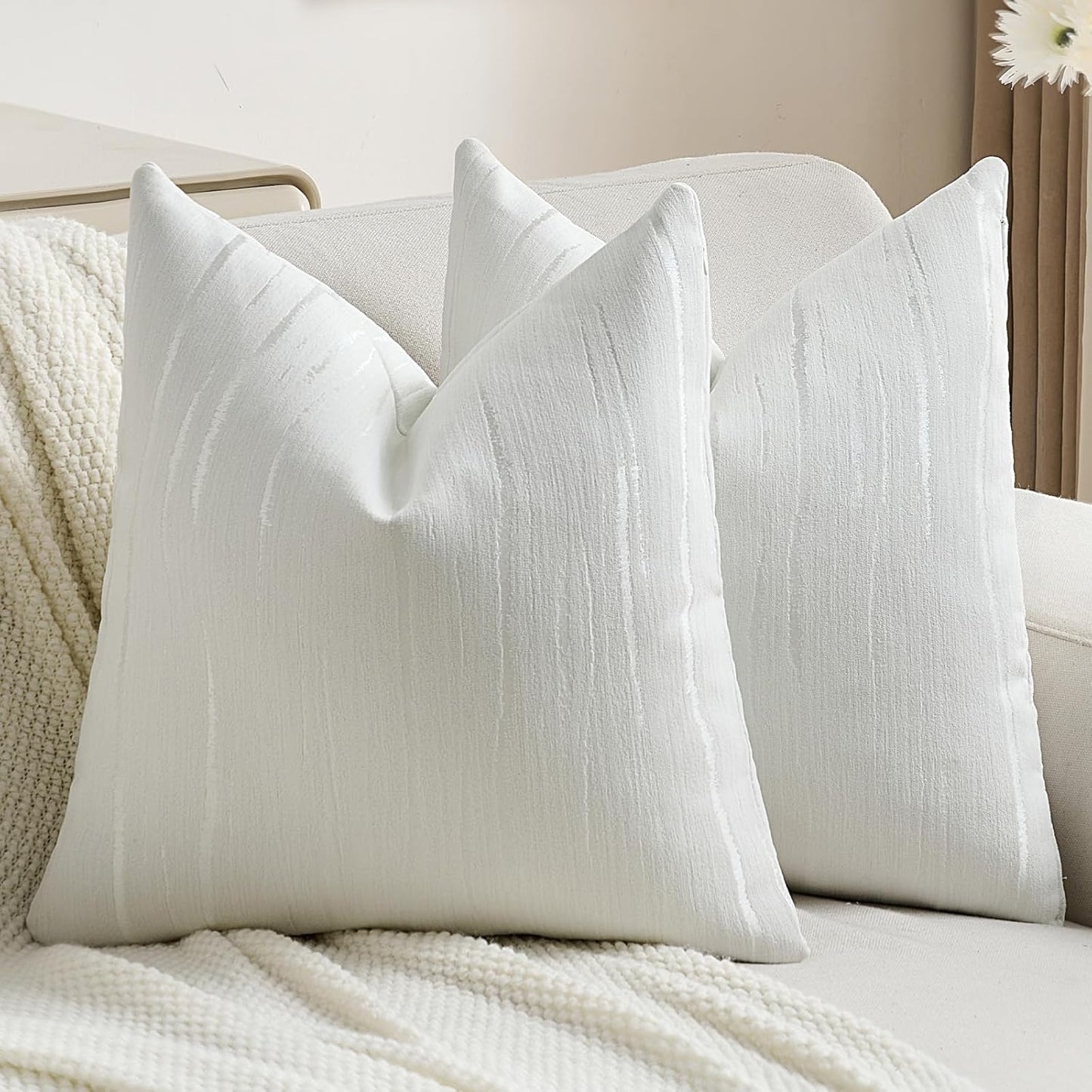 FUTEI White Chenille Decorative Throw Pillow Covers 22x22 Inch Set of 2,Soft Embossed Striped Textured Cushion Case,Modern Home Decor for Couch Bed Living Room
