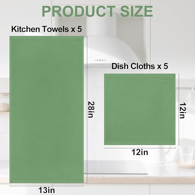 Homaxy 100% Cotton Kitchen Towels and Dishcloths Set, 12 x 12 Inches and 13 x 28 Inches, Set of 10 Bulk Kitchen Towels Set, Ultra Soft Absorbent Dish Cloths for Washing Dishes, Grass Green