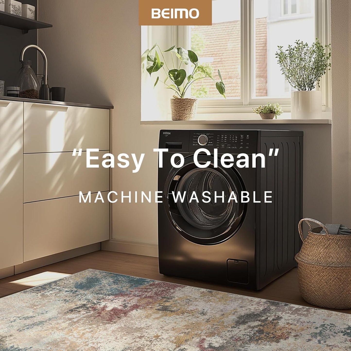 Area Rugs 10x12 Machine Washable Rug for Living Room Bedroom Dining Room, Large Modern Abstract Colorful Soft Rugs, Indoor Low Pile Carpet with Non Slip Rubber Backing, Multi Beige