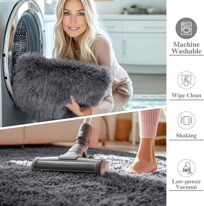 OLANLY Grey Round Rugs for Bedroom - Machine Washable, 9 ft Circle Area Rugs for Living Room, Soft and Fluffy Shaggy Carpet for Teen Girls and Boys, Nursery Rooms, Dorms, Home Decor Aesthetic
