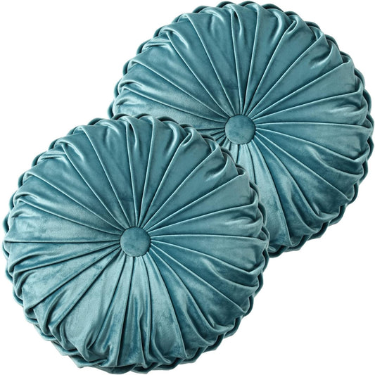 HIG Set of 2 Decorative Round Pleated Throw Pillows, Classy Accent Pumpkin Throw Pillows with Center Button, Vintage Velvet Floor Pillows for Sofa Couch Vanity Chair Bed, Teal, 14.5" Diameter(Ripple)