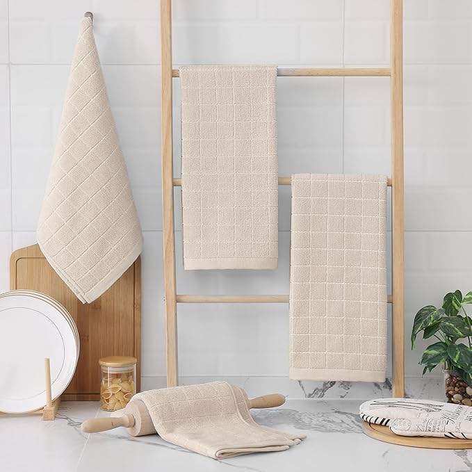 Homaxy 100% Cotton Terry Kitchen Towels(Beige, 13 x 28 inches), Checkered Designed, Soft and Super Absorbent Dish Towels, 6 Pack