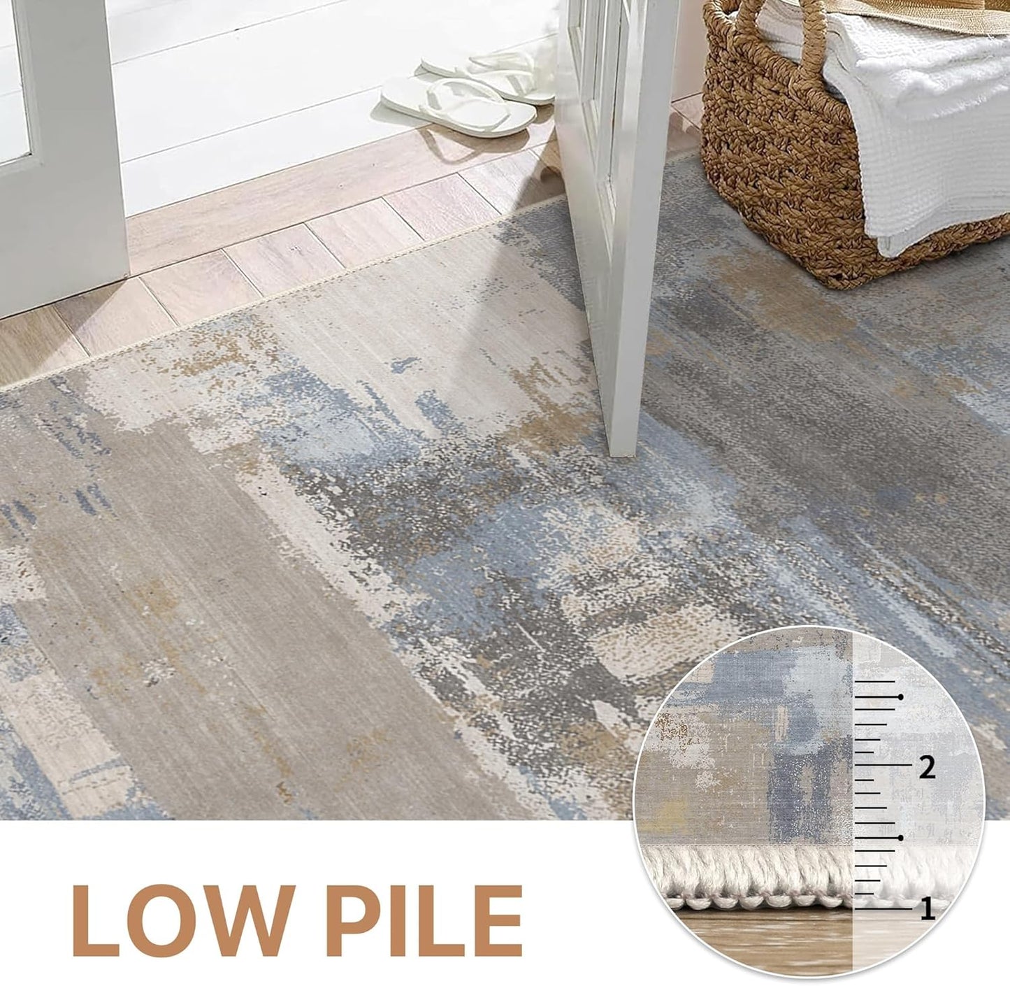 Area Rugs 8x10 for Living Room Bedroom, Modern Abstract Machine Washable Large Soft Greyish Blue Rug, Low Pile Floor Carpet with Non Slip Backing for Dining Room, Coastal Dusk