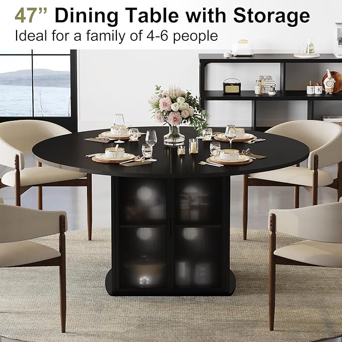 IBF Black Round Dining Table for 4-6, 47 Inch Kitchen Table with Fridge Space, Industrial Dining Room Tables with Storage Shelf, Wood Dinner Tables for Home Kitchen Living Room, Black Oak, Only Table