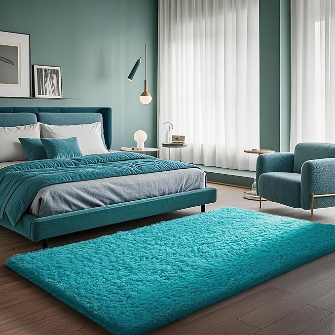 Ophanie Teal Rugs for Bedroom Living Room, Fluffy Fuzzy Furry Carpet, Plush Soft Shaggy Bedside Indoor Floor 4x6 Area Rug for Kids Girls Boys Baby Teen Dorm Nursery Home Decor Aesthetic