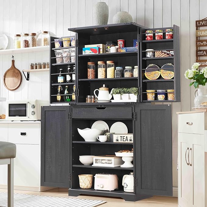 72" Tall Kitchen Pantry, Farmhouse Storage Cabinet with Barn Door, Organizer, Drawer and Adjustable Shelves, Rustic Wood Cupboard for Kitchen, Dining Room, Bathroom, Black