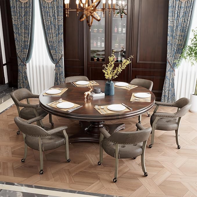 MODERION Modern Retro Brown Solid Wood Boss Caption's Dining & Office Desk Chairs with Wheels, Arms & Upholstered Seat, 31.5'H