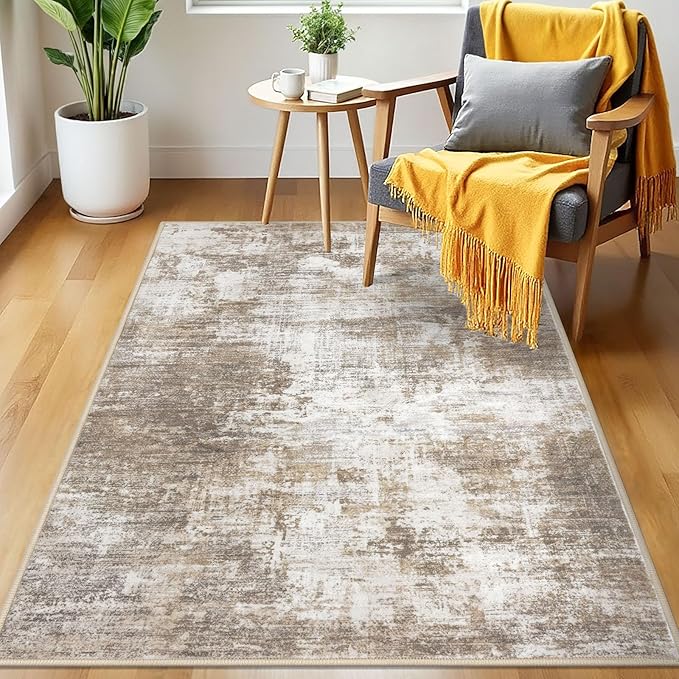 IOHOUZE Abstract Area Rug 3x5 Ft Washable Rugs for Entryway Indoor, Non Slip Kitchen Rug Printed Faux Wool Throw Rugs, Indoor Door Mat for Door Entrance Foyer Living Room, Beige Brown