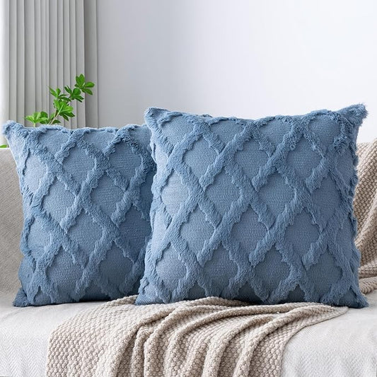 Set of 2 Soft Moroccan Throw Pillow Covers 20x20 Inch Plush Boho Decorative Pillow Cover Accent Cushion Case for Couch Sofa Bed, Grey Blue