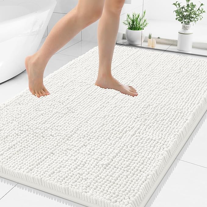 Smiry Luxury Chenille Bathroom Rugs 40x32, Extra Soft and Absorbent Shaggy Bath Mat, Machine Washable, Non-Slip Plush Carpet Runner for Tub, Shower, and Floor, Home Decor Accessories, Ivory