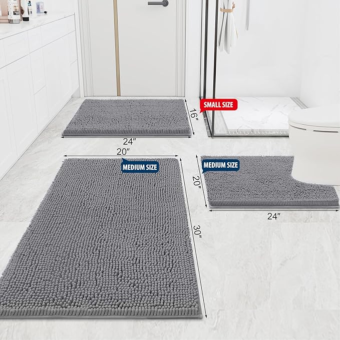 Smiry Luxury Chenille Bathroom Rugs 36x24, Extra Soft and Absorbent Shaggy Bath Mat, Machine Washable, Non-Slip Plush Carpet Runner for Tub, Shower, and Floor, Home Decor Accessories, Grey