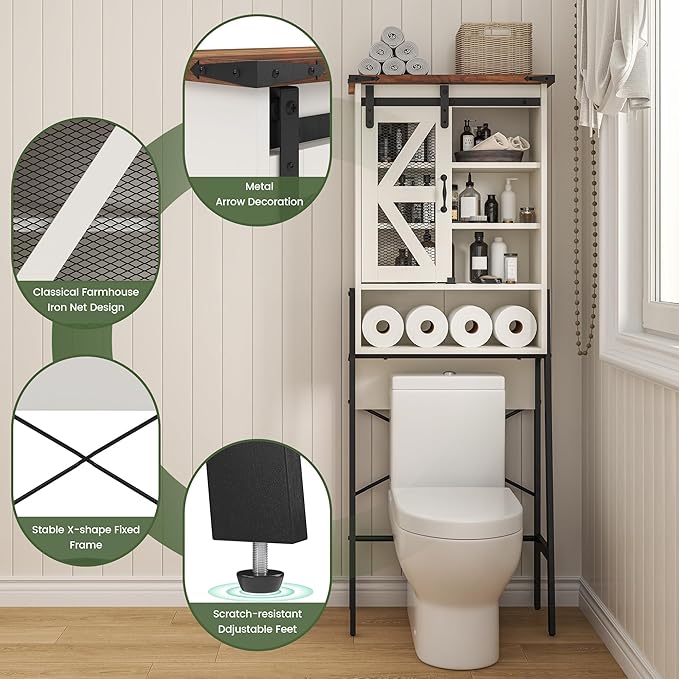 Over The Toilet Storage Cabinet, Above Toilet Storage Cabinet with Adjustable Shelves and Barn Door, Farmhouse Behind Toilet Bathroom Organizer for Bathroom, Laundry Room, Off-White