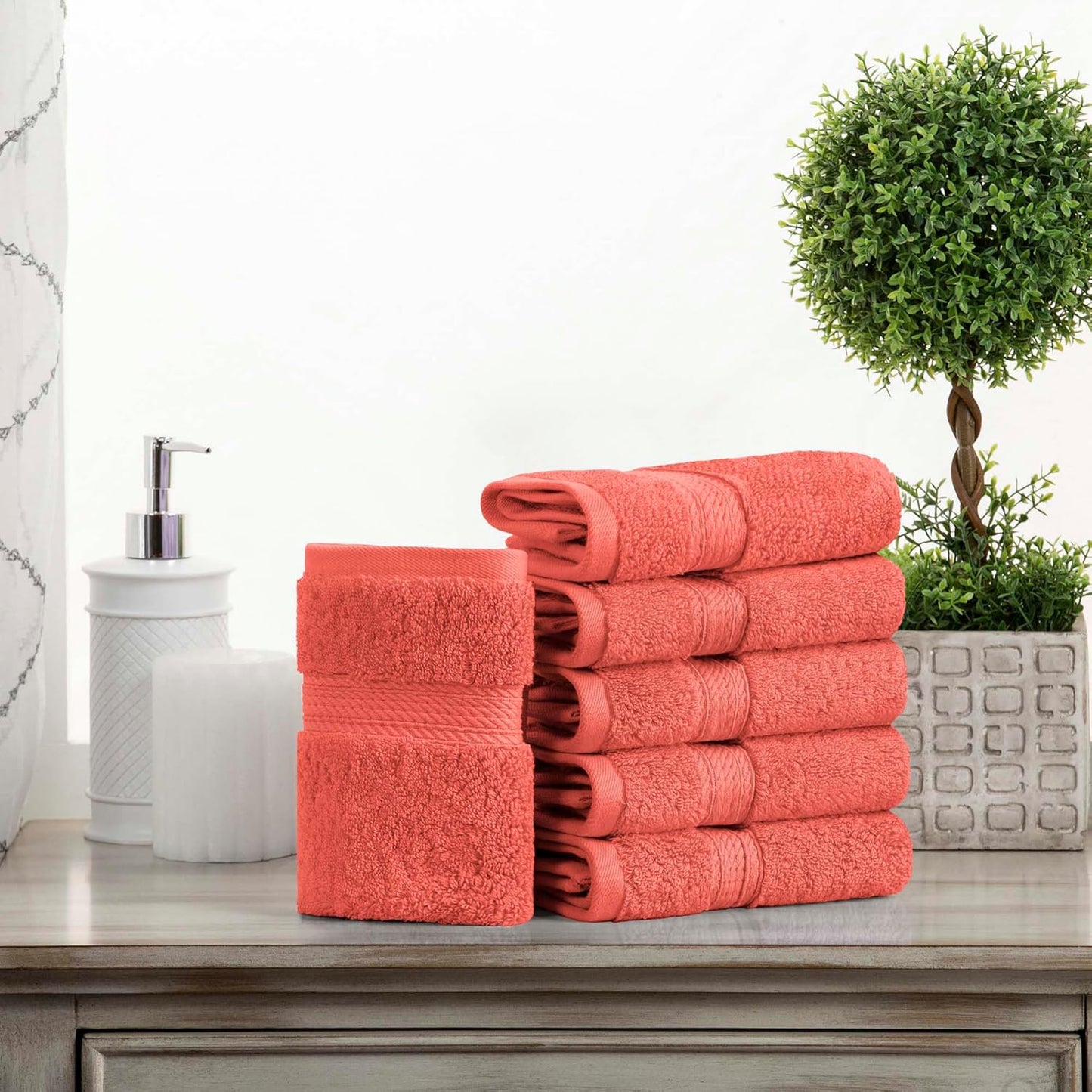 Superior Egyptian Cotton Pile Face Towel/Washcloth Set of 6, Ultra Soft Luxury Towels, Thick Plush Essentials, Absorbent Heavyweight, Guest Bath, Hotel, Spa, Home Bathroom, Shower Basics, Coral