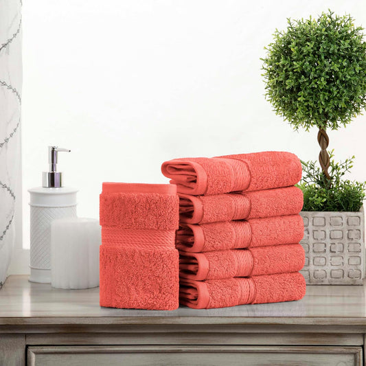 Superior Egyptian Cotton Pile Face Towel/Washcloth Set of 6, Ultra Soft Luxury Towels, Thick Plush Essentials, Absorbent Heavyweight, Guest Bath, Hotel, Spa, Home Bathroom, Shower Basics, Coral