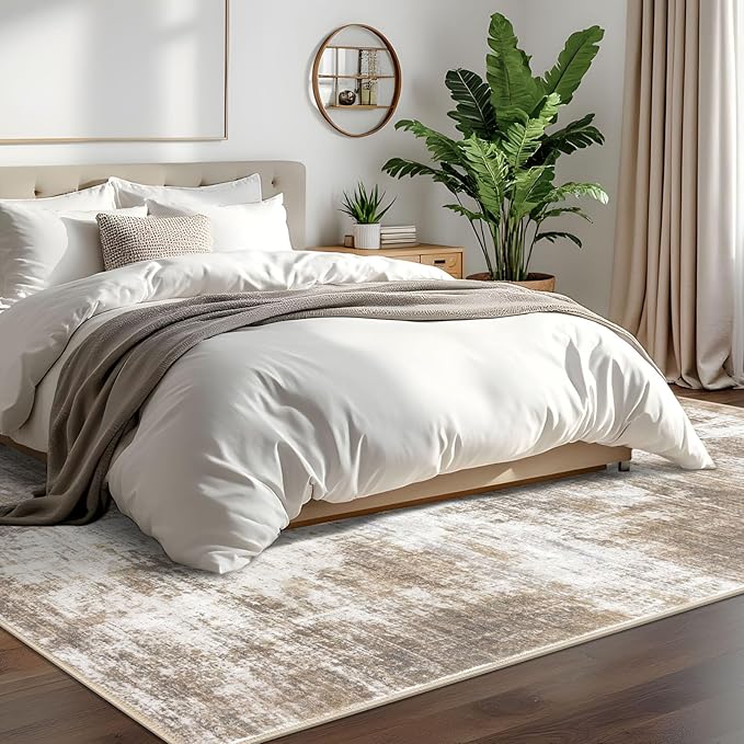 IOHOUZE Abstract Area Rugs 6x9 Ft Washable Rugs for Living Room, Non Slip Dining Room Rug Printed Faux Wool Rugs for Bedroom, Floor Carpet for Office Nursery Playroom, Beige Brown