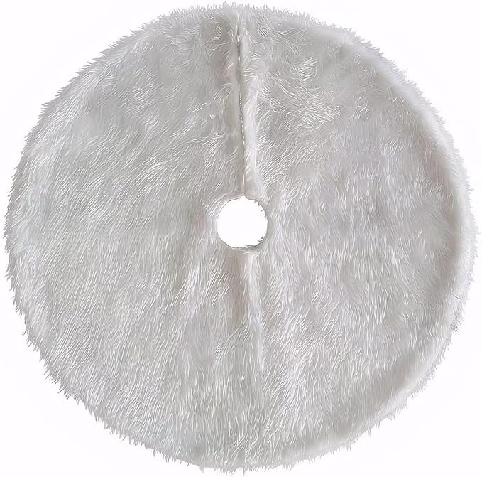 Christmas Tree Skirt 48 inches Faux Fur White Christmas Tree Skirt for Christmas Tree Decorations Winter Holiday Home Christmas Party Ornaments (White)