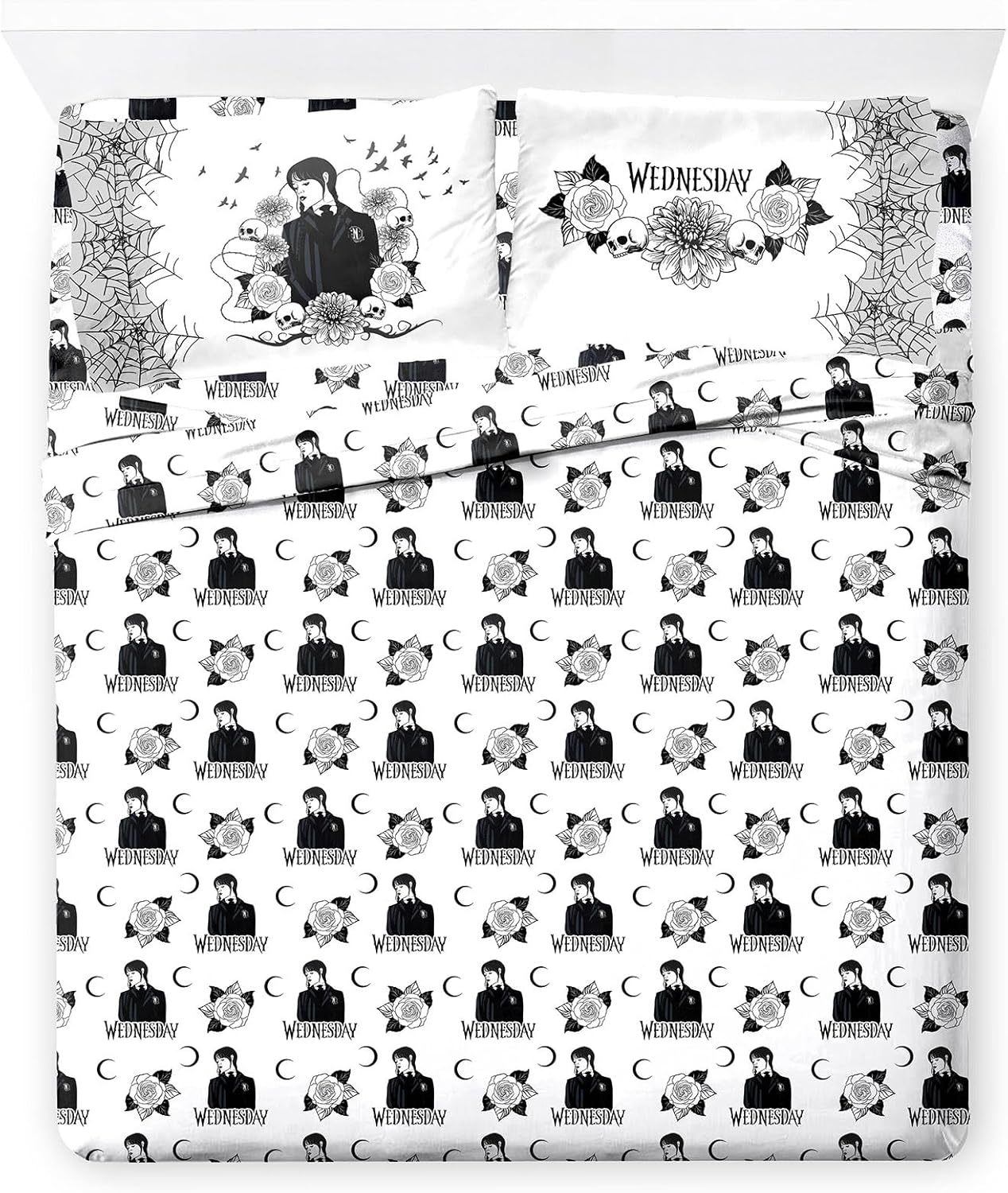 Jay Franco Sheet Set with Fitted, Flat Sheets & Pillow Cover - Ultra-Soft Bedding with Pillowcase for Room Decor, White - Wednesday, 4 Piece King