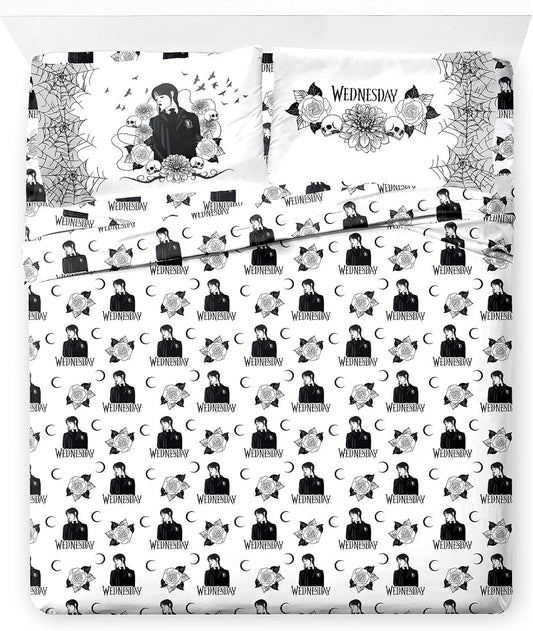 Jay Franco Sheet Set with Fitted, Flat Sheets & Pillow Cover - Ultra-Soft Bedding with Pillowcase for Room Decor, White - Wednesday, 4 Piece King