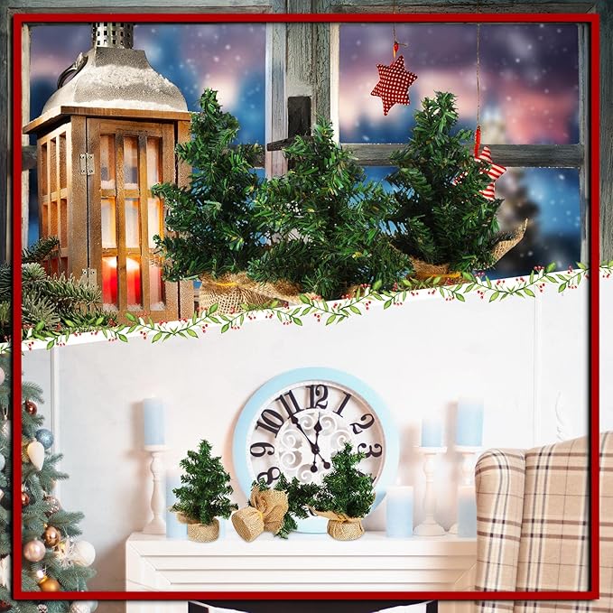 Yinder Tabletop 6 Pcs Mini Christmas Tree 7.87 Inch Artificial Mini Xmas Miniature Pine Christmas Tree with Linen Base for Xmas Holiday Decorations Indoor Home Kitchen Dining Table