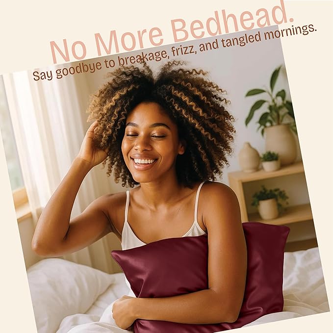 Satin Pillowcase with Zipper, for Hair and Skin Care, Feels Soft and Cool Like a Silk Pillowcase, Satin Pillow Cases 2 Pack, Slik Pillow Cover, Burgundy, Queen, Set of 2
