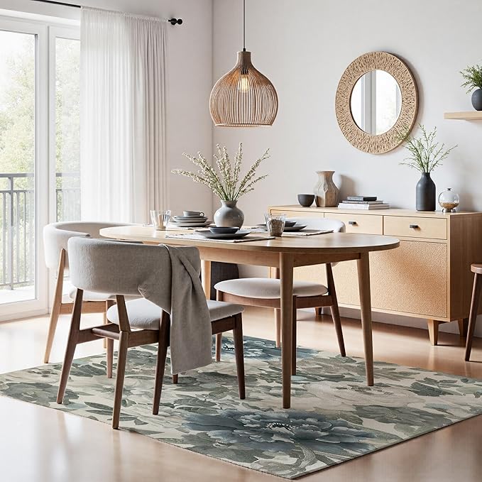 Boho Floral Area Rug 8x10 - Hand-Drawn Gray Green Blooms on Cream, Low-Pile Non-Slip Carpet, Machine Washable for Living Room & Bedroom Vintage Decor.