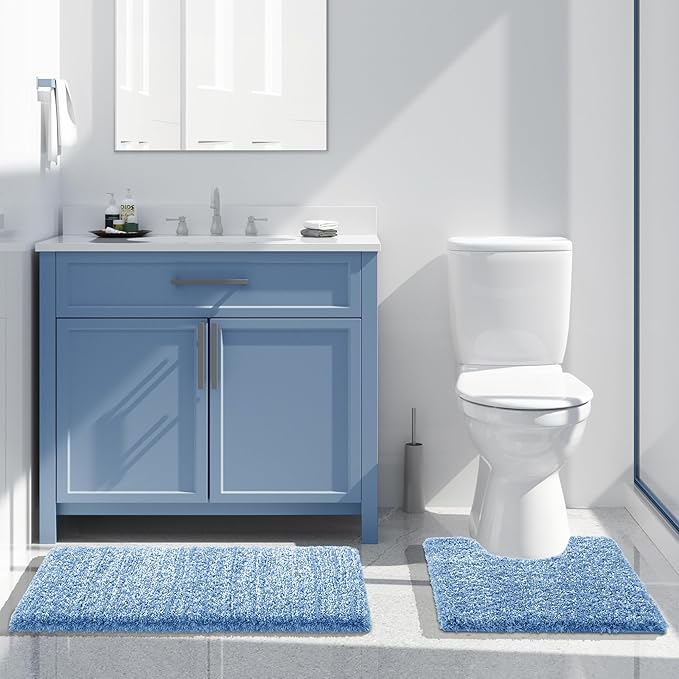 Yimobra Toilet Rugs U Shaped Washable 24x20, Ultra Soft and Water Absorbent Bath Mats, Non Slip Fluffy Shaggy Luxury Microfiber Contour Bath Rugs for Toilet, Dry Quick, Blue and White